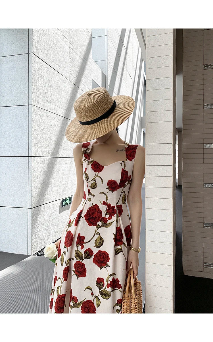 Women's Summer Elegant Floral Print Rose Strap Midi Dress Sleeveless Casual Beach Party Sundress Female Fashion A-Line Vestidos