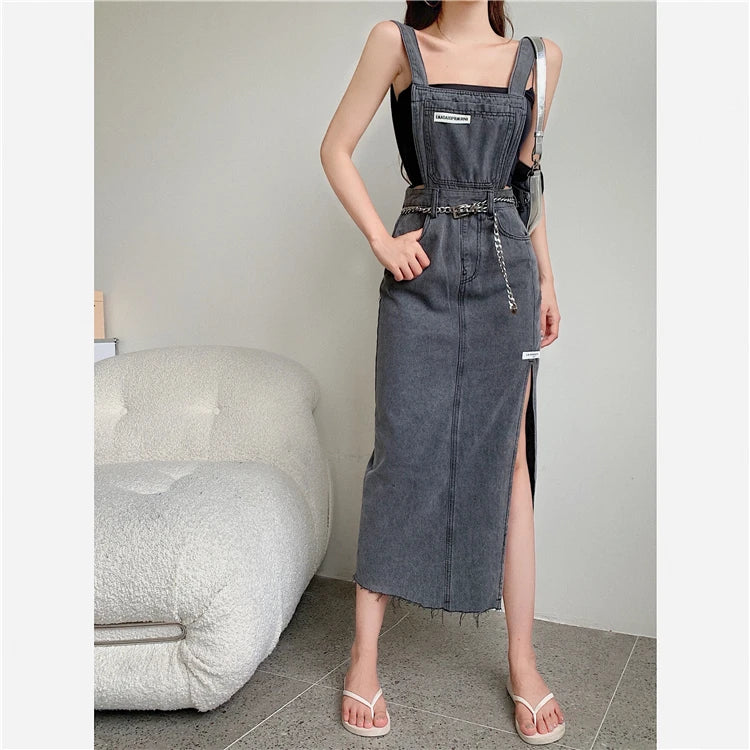 Sleeveless Women Denim Suspender Dress Spring New Midi Skirt Blue Korean Fashion Polo Collar Streetwear Female Braces Slit Dress