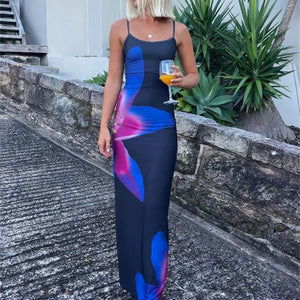 Tossy Printed Spaghetti Hot Backless Maxi Dress Women Fashion Slim Elegant Contrast Patchwork Halter Dresses Autumn Long Dress