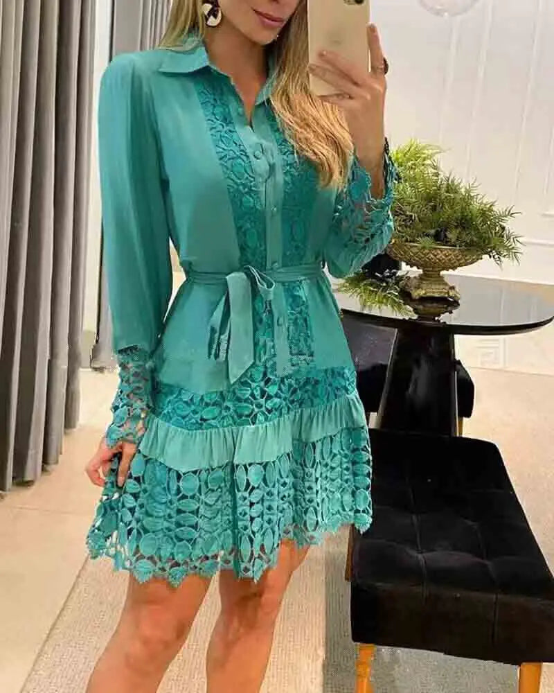 Spring Autumn Hollow Out Floral Solid Color Fashion Casual Sexy Lace Patch Shirt Dress Mini Dress Y2k Party Holiday Vestido