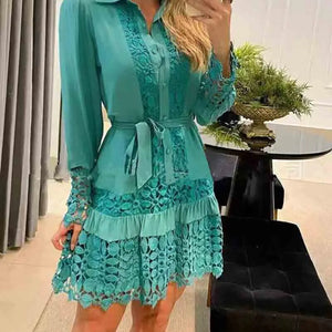 Spring Autumn Hollow Out Floral Solid Color Fashion Casual Sexy Lace Patch Shirt Dress Mini Dress Y2k Party Holiday Vestido