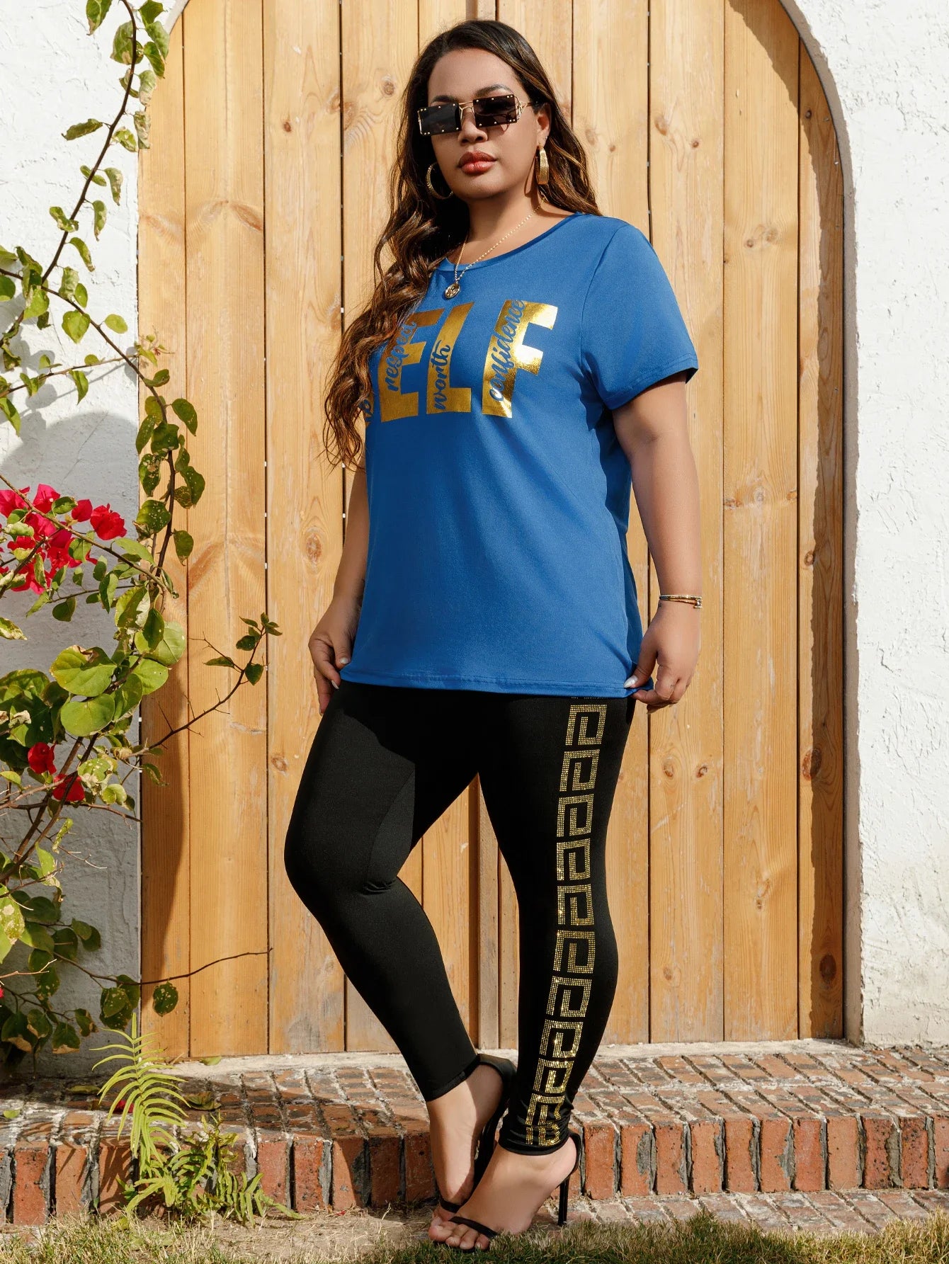 Plus Size Women's Retro Print Pants Gold Rhinestone Knit High Elasticity Leggings Fashionable Bottoms Curve Female Trousers