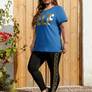 Plus Size Women's Retro Print Pants Gold Rhinestone Knit High Elasticity Leggings Fashionable Bottoms Curve Female Trousers