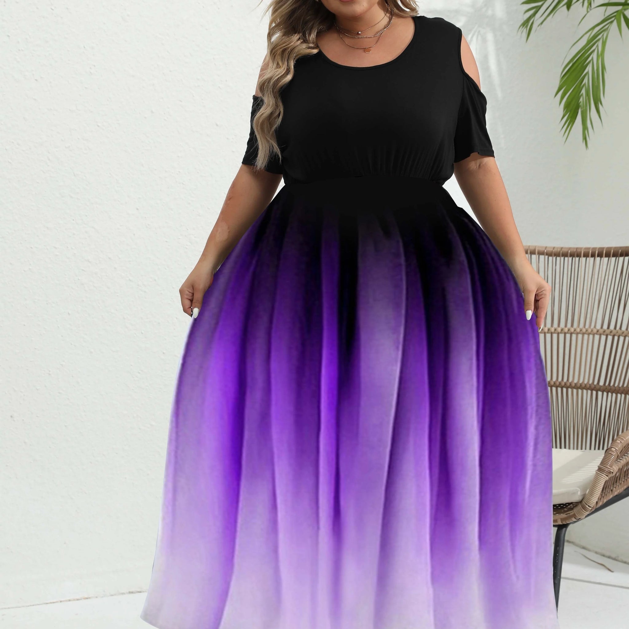 Plus Size Women's Fashion Summer Dress Casual Off Shoulder Short Sleeve Dress Women's Fashion Elegant Gradual Color Party Dress