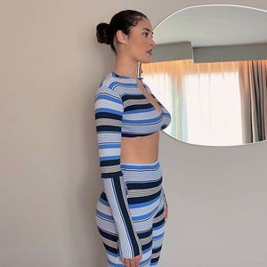 Fitness Striped Women 2 Piece Set Long Sleeve Crop Sweatshirts Skinny Jogging Pants Set 2023 Autumn Workout Sporty Tracksuits