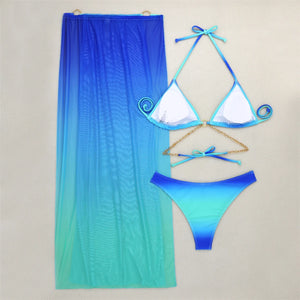 3 Piece Backless Bikinis & Long Beach Skirt Swimwear 2024 New Women Ring Link Swimsuit Lady Bathing Swimming Summer Beachwear