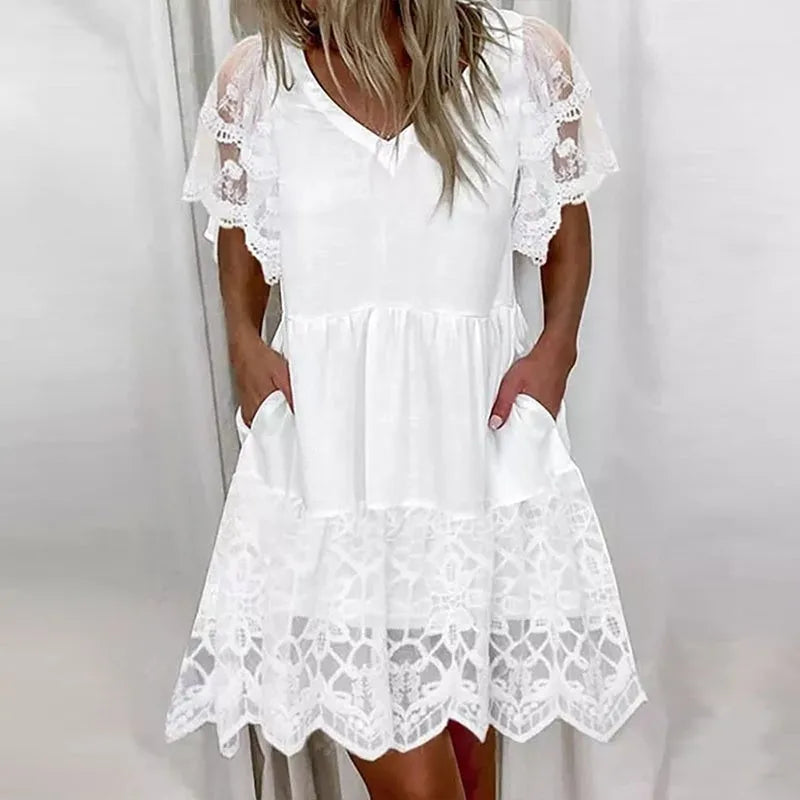 White Lace Patchwork Dress For Women Summer 2024 Casual V-neck Short Sleeved A-line Dress Fashion Boho Beach Dresses