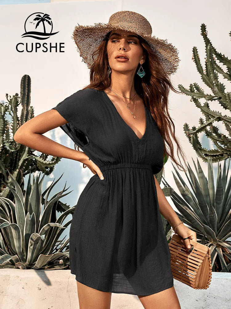 CUPSHE Plunge Neck Elastic Waist Bikini Cover Up For Women Loose Short Sleeve Holiday Beach Tunic Dress 2023 Summer Beachwear