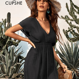 CUPSHE Plunge Neck Elastic Waist Bikini Cover Up For Women Loose Short Sleeve Holiday Beach Tunic Dress 2023 Summer Beachwear