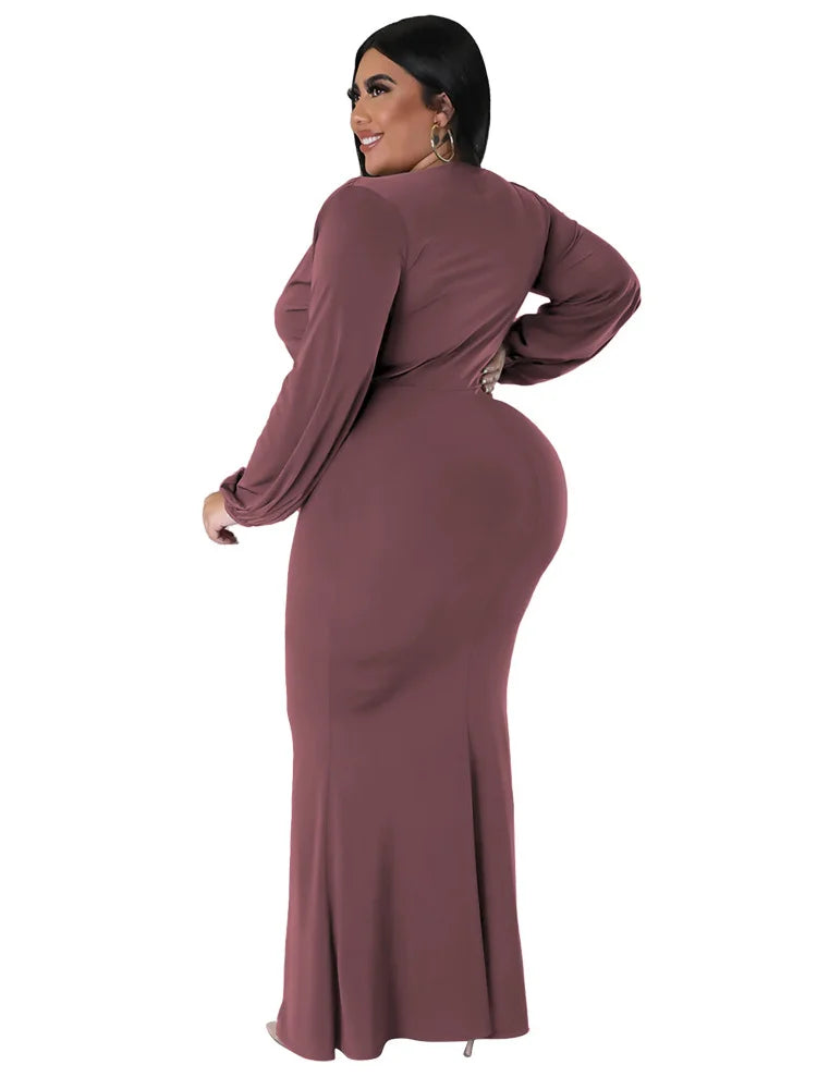 Wmstar Plus Size Party Dresses for Women Long Sleeve Stretch Sexy V Neck Elegant Maxi Dress Fall Clothes Wholesale Dropshipping