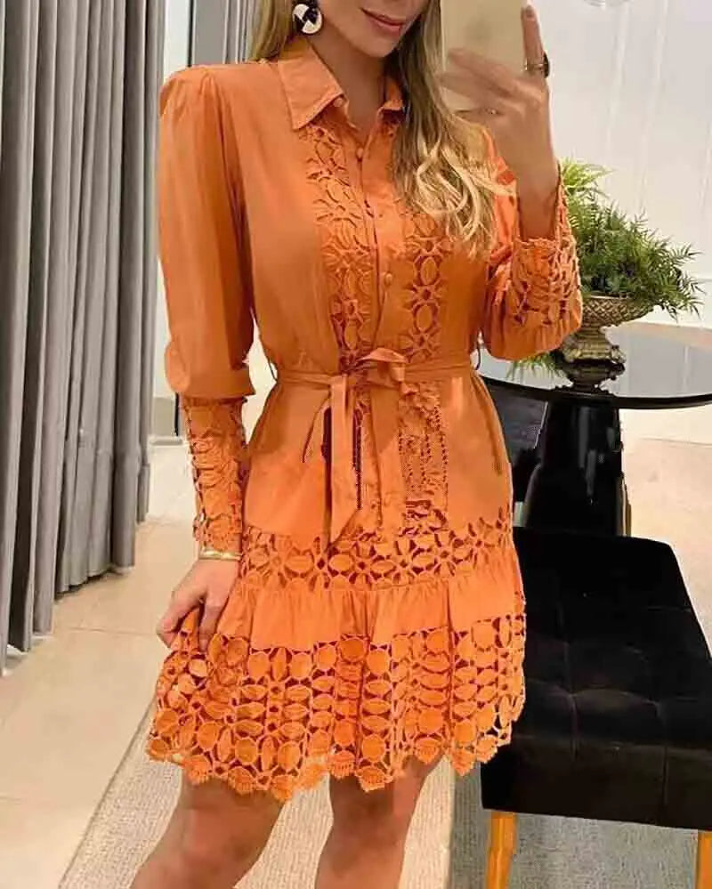 Spring Autumn Hollow Out Floral Solid Color Fashion Casual Sexy Lace Patch Shirt Dress Mini Dress Y2k Party Holiday Vestido