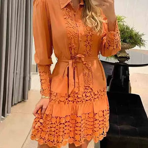 Spring Autumn Hollow Out Floral Solid Color Fashion Casual Sexy Lace Patch Shirt Dress Mini Dress Y2k Party Holiday Vestido