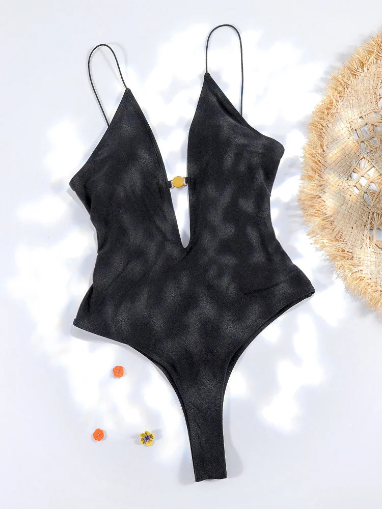 2024 Sexy Bikini Set Solid Color Swimsuit Women One Piece Suit Beach Wear Swimwear High Cut Bathing Suits Black Deep V Biquini