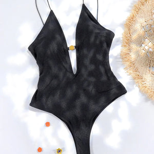 2024 Sexy Bikini Set Solid Color Swimsuit Women One Piece Suit Beach Wear Swimwear High Cut Bathing Suits Black Deep V Biquini