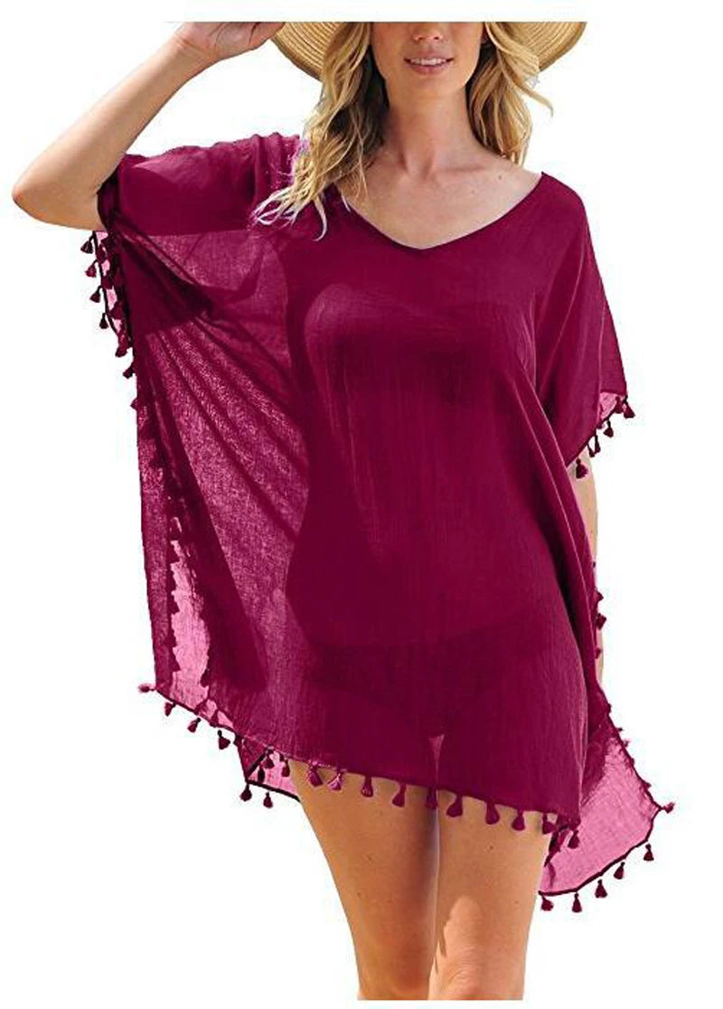 Summer Chiffon Tassels Beach Dress Women Swimwear Bikini Cover Up Female Mini Loose Solid Pareo Tops Swimsuit