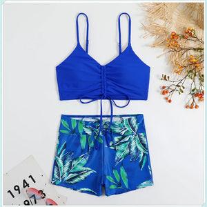 Tropical Print Drawstring Bikini Women High Waist Swimsuit Front Tie Shorts Swimwear Female Sexy Bathing Suit Beach Wear Summer