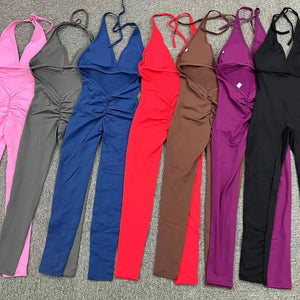 Sexy Backless Scrunch Sporty Jumpsuit Raises Butt One Piece Women Clothing Sleeveless Gym Fitness Yoga Dance Overalls Black Red