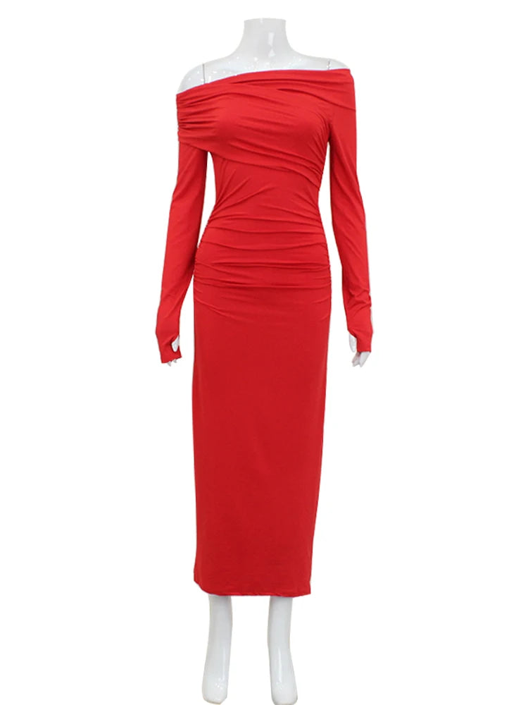 CNYISHE Red Strapless Sexy Club Women Dresses Slash Neck Long Sleeve Sheath Outfits Fashion Slim Bodycon Female Vestidos Robes