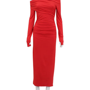 CNYISHE Red Strapless Sexy Club Women Dresses Slash Neck Long Sleeve Sheath Outfits Fashion Slim Bodycon Female Vestidos Robes