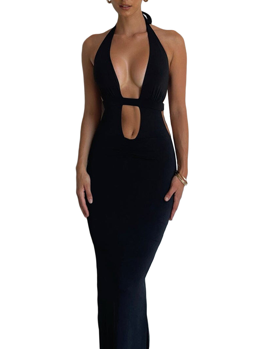 Sexy Cutout Halter Neck Backless Maxi Dress Tie-Up Black Elegant Cocktail Party Dresses for Women Clothing Autumn Fashion