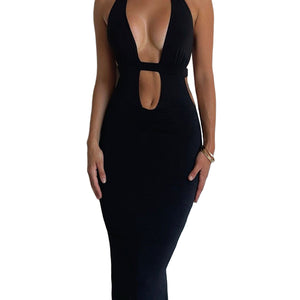 Sexy Cutout Halter Neck Backless Maxi Dress Tie-Up Black Elegant Cocktail Party Dresses for Women Clothing Autumn Fashion