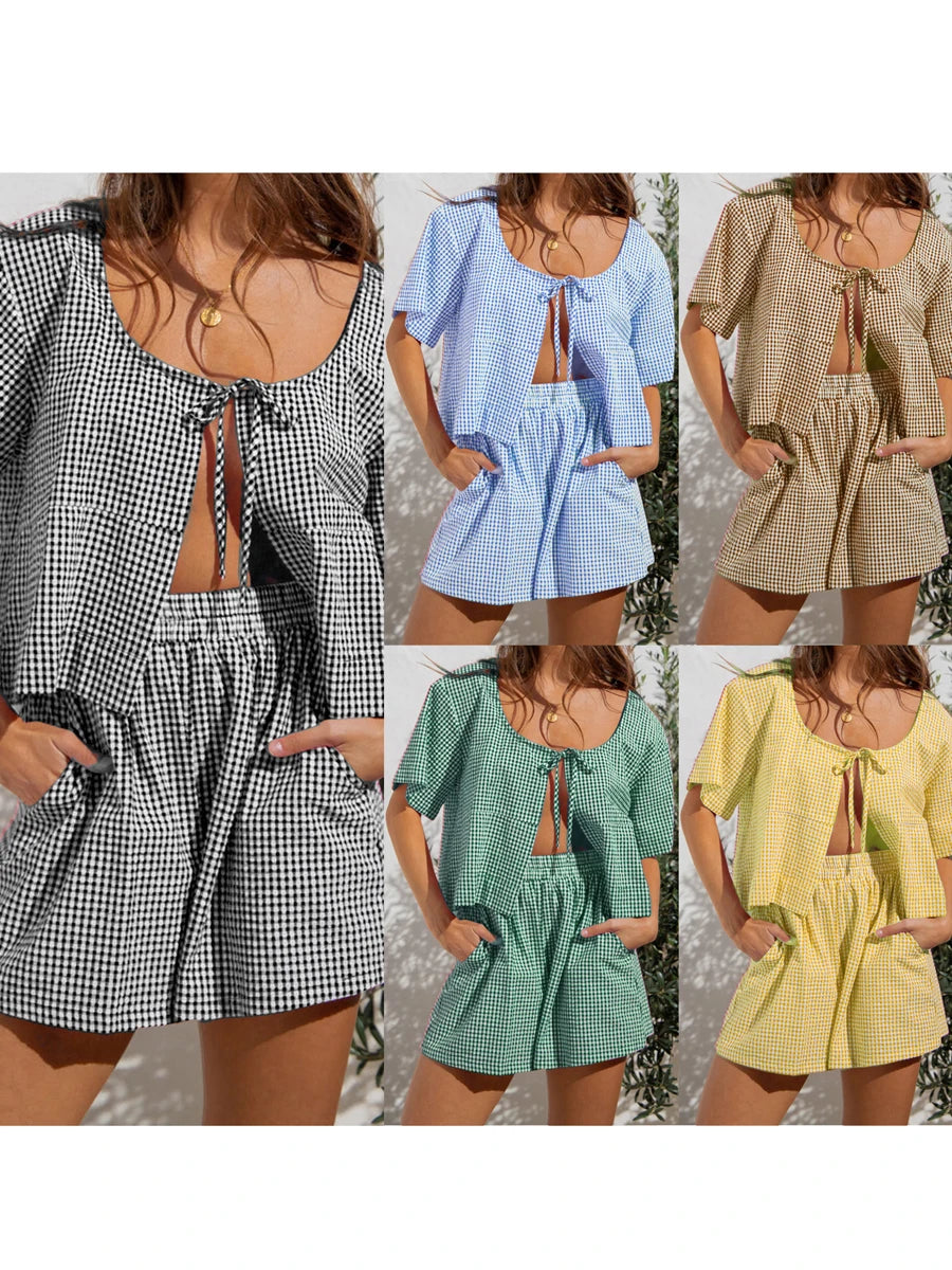 Women’s 2 Piece Outfits Short Sleeve Tie-up Front Tops + Pocket Shorts Set Streetwear Casual Summer Suit