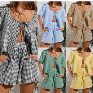 Women’s 2 Piece Outfits Short Sleeve Tie-up Front Tops + Pocket Shorts Set Streetwear Casual Summer Suit