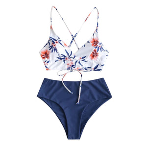 Summer Women's Fashion Printed Bikini Swimsuit Set Sexy Backless Cross Tie Swimsuit Bikini Beach Casual Swimwear Two Piece Set