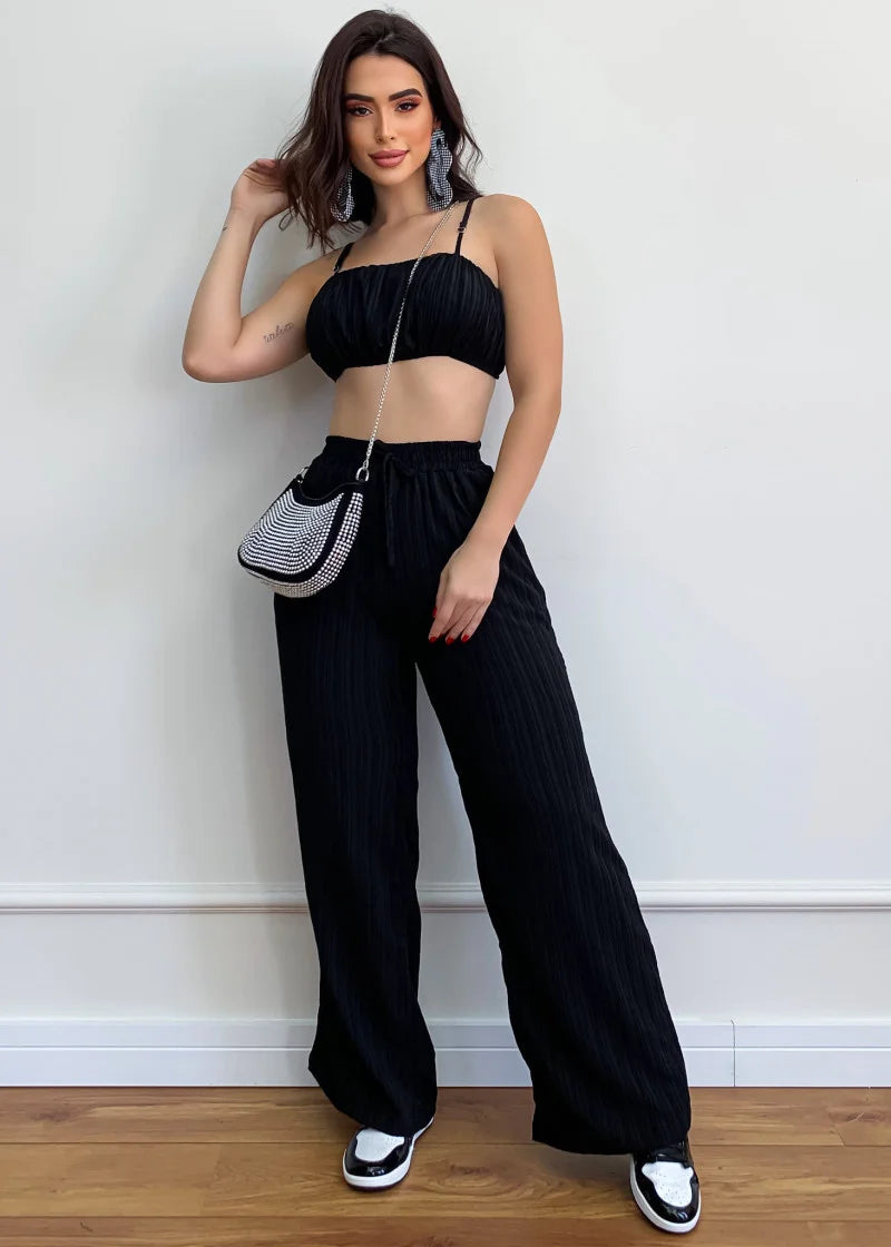 Women's Pleated Black Wide Leg Pants Set Sexy Drawstring Tracksuits Jogging Suit Short Top Streetwear Summer Outfits Y2k Clothes