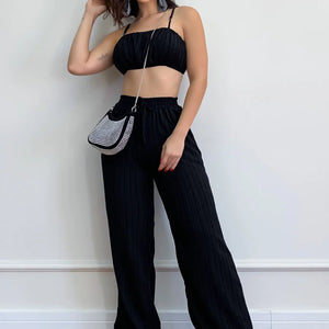 Women's Pleated Black Wide Leg Pants Set Sexy Drawstring Tracksuits Jogging Suit Short Top Streetwear Summer Outfits Y2k Clothes