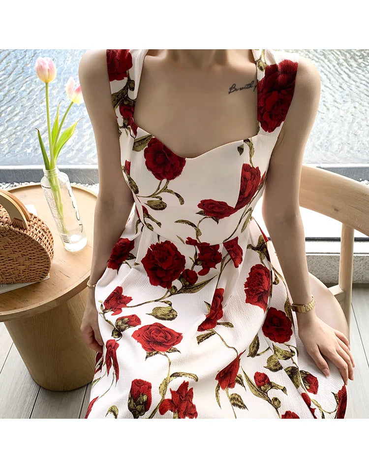 Women's Summer Elegant Floral Print Rose Strap Midi Dress Sleeveless Casual Beach Party Sundress Female Fashion A-Line Vestidos