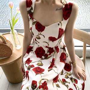 Women's Summer Elegant Floral Print Rose Strap Midi Dress Sleeveless Casual Beach Party Sundress Female Fashion A-Line Vestidos