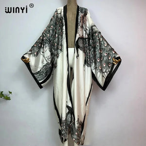 WINYI 2022 Summer Women Cardigan stitch Cocktail sexy Boho Maxi African Holiday Batwing Sleeve Silk feeling Robe kimono kaftan