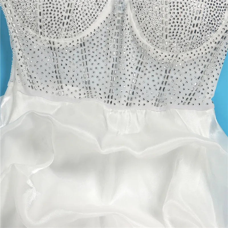 New Women Summer Strap Mesh Patchwork Diamonds Sexy Party Ball Gown Dresses 2023 Fashion Rhinestone Night Club Cake Dress White