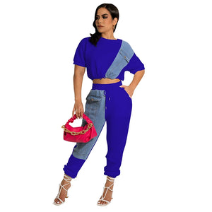 Jeans Denim Patchwork Streetwear Two Piece Set Women Summer Short Sleeve Crop Top T-Shirt Jogger Pants Fitness Outfit Tracksuit