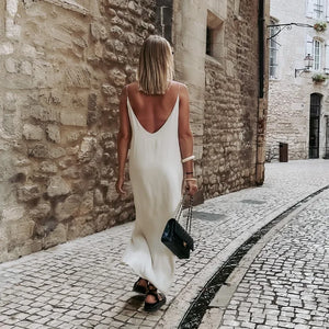 Elegant White V-neck Split Women Maxi Dress Fashion Backless Sleeveless Sling Dresses 2024 Summer Lady Beach Vacation Vestidos