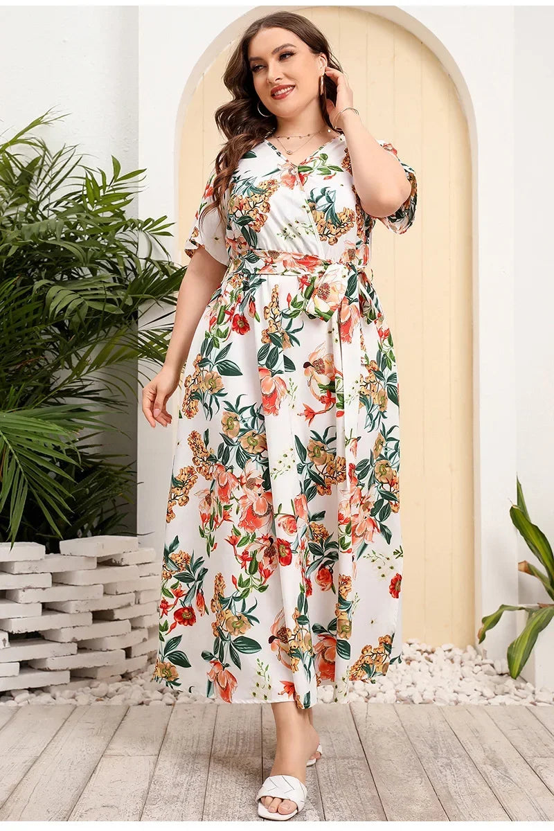 plus size New best-selling oversized loose V-neck dress for women with elastic waist  short sleeved printed long skirt