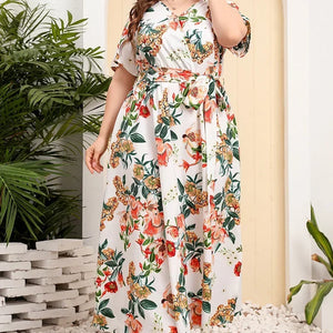 plus size New best-selling oversized loose V-neck dress for women with elastic waist  short sleeved printed long skirt