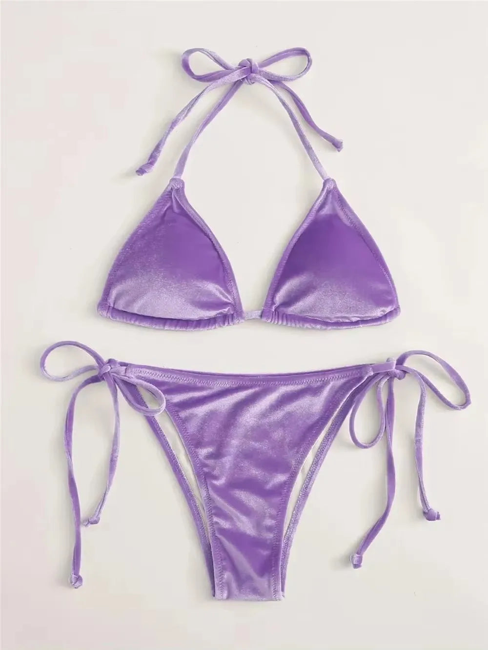 Purple Velvet Swimsuit Sexy String Halter Triangle Bikinis Set Mujer Micro Thong Swimwear Women Biquini Bikinis Set Bathing Suit