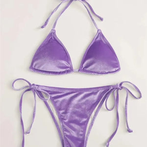 Purple Velvet Swimsuit Sexy String Halter Triangle Bikinis Set Mujer Micro Thong Swimwear Women Biquini Bikinis Set Bathing Suit