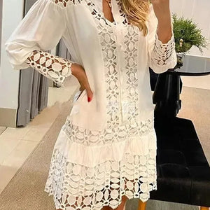 Spring Summer New Long Sleeve For Women's Dresses Solid Color Lace Splicing Fashion Cutout Shirt Elegant Female Sexy Dress