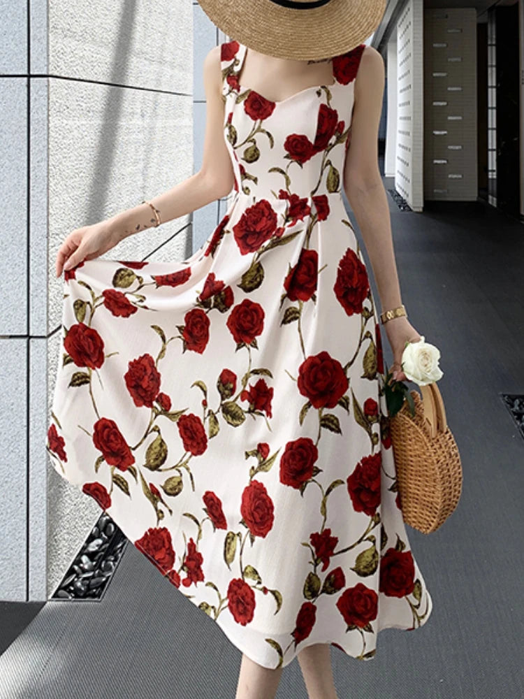 Women's Summer Elegant Floral Print Rose Strap Midi Dress Sleeveless Casual Beach Party Sundress Female Fashion A-Line Vestidos