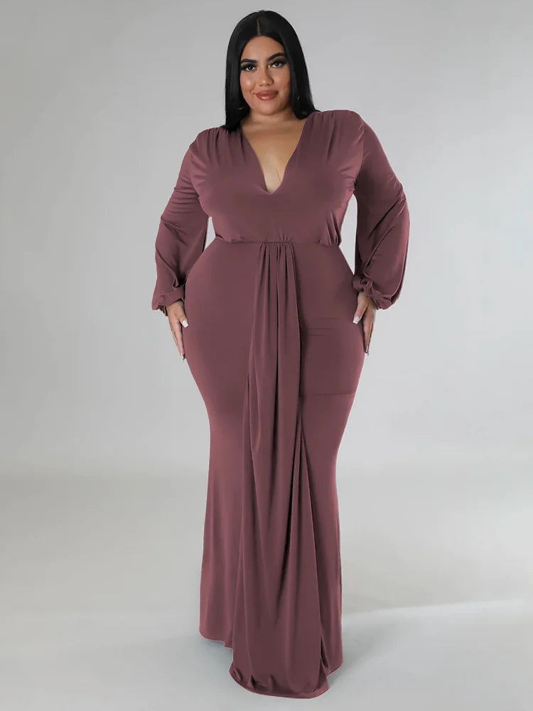 Wmstar Plus Size Party Dresses for Women Long Sleeve Stretch Sexy V Neck Elegant Maxi Dress Fall Clothes Wholesale Dropshipping