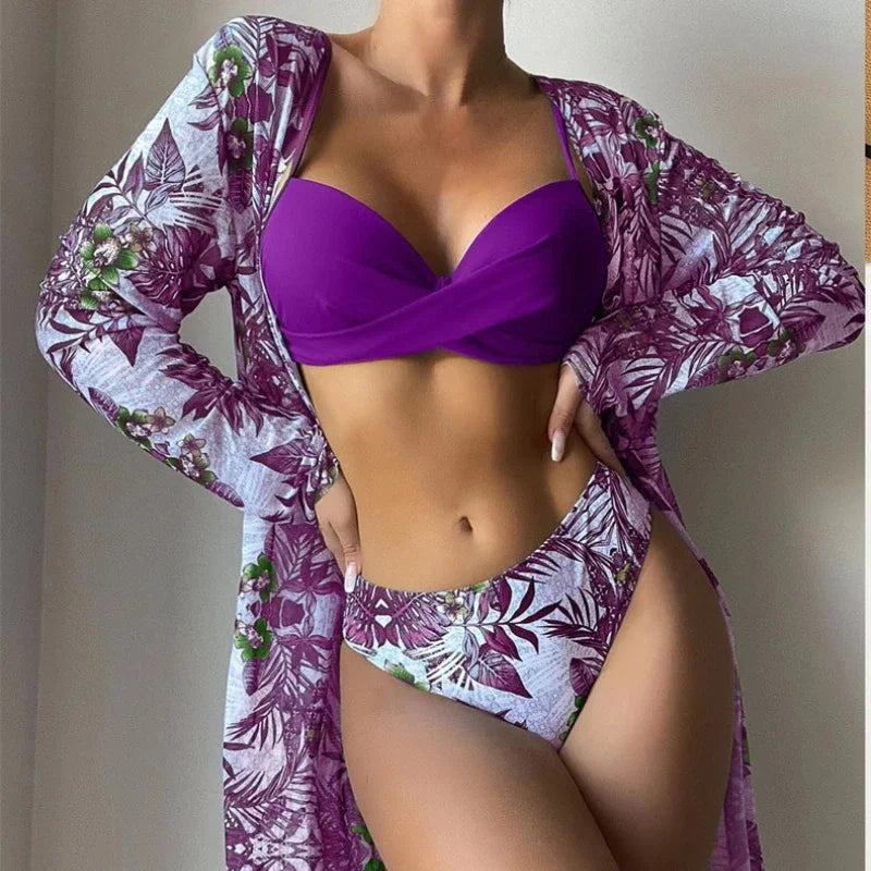 Floral Print 3 Pieces Swimsuit Women Strappy Bikini Set+Long Sleeve Blusas Cover-Up Swimwear Sexy Low Waist Push Up Bathing Suit