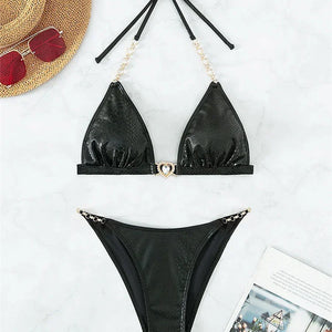 Luxury Rhinestone Bikini Women Black Bronzing Metal Chain Strap Push Up Micro Swimsuit 2024 Sexy Bathing Suit Thong Swimwear