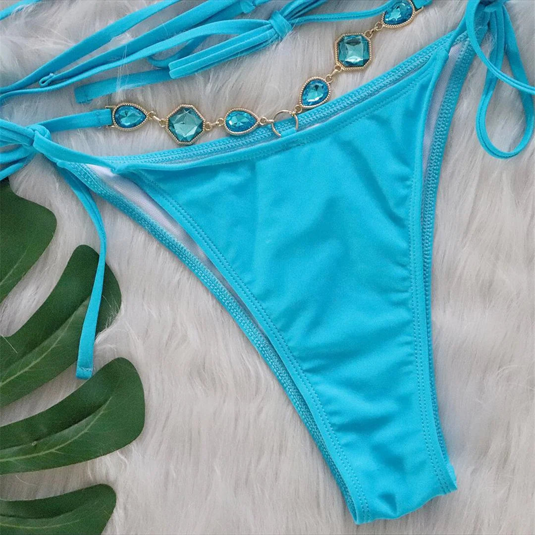 Sexy Diamond Rhinestones Wrap Around Bikini Female Swimsuit Women Swimwear Two-pieces Bikini set Bather Bathing Suit Swim V5167