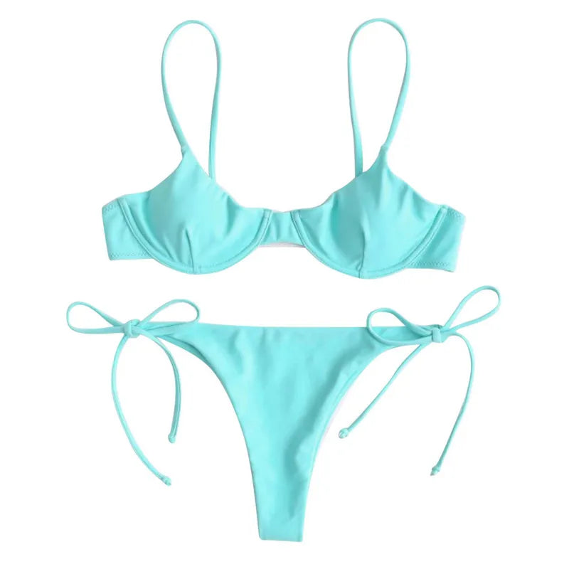 Women Split Swimsuit Set, Solid Color/Printed V-neck Bikini + Lace Up Panties for Summer