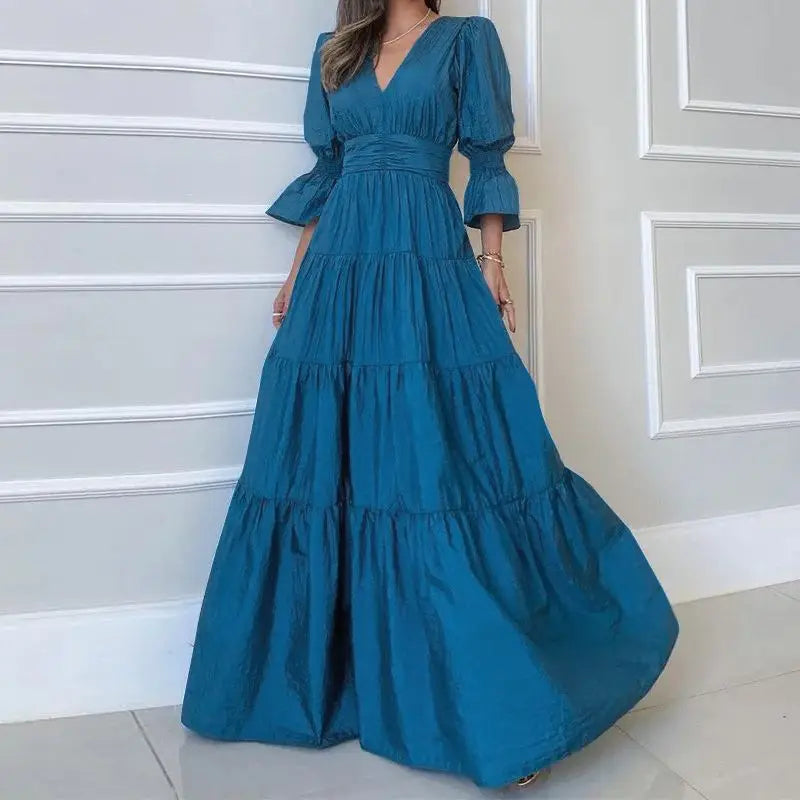 Plus Size 5XL VONDA 2024 Summer Women Long Dress V-Neck Ruffled Maxi Sundress Puff Sleeve Casual Solid Elegant Party Vestidos