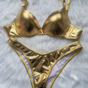 Metallic Summer Push Up Padded Bra Bathing Suit Beach Wear Women Sexy Thong Bikini Set Silver Gold Dropshipping Biquini Swimwear