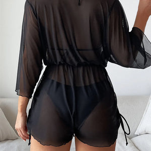 Sexy Long Sleeves Cover Up Bikini Set Women White Black Push Up Mesh Dress 3 Piece Swimsuit Bathing Suit Thong Swimwear 2024